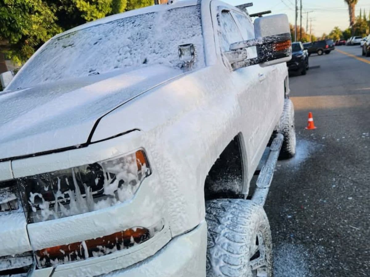 Pickup truck covered in foam